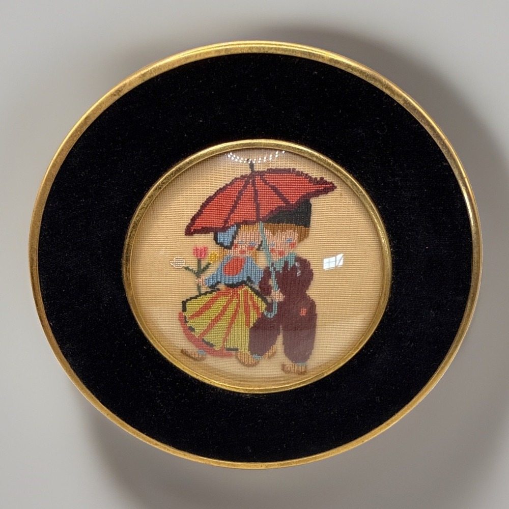 Vintage Hummel Style Needlepoint Umbrella Boy Girl Framed Art Black Velvet